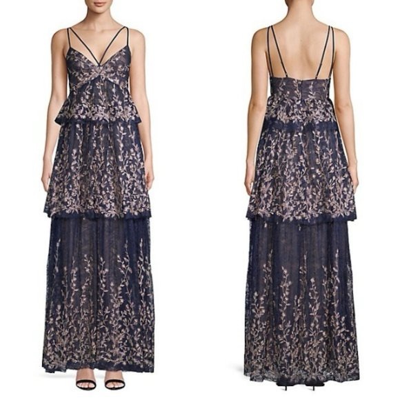 $588 NWT BCBGMAXAZRIA Floral Blooms Metallic Embroidered Ruffle Gown - Picture 1 of 15